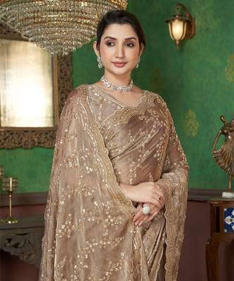 Light Brown organza sequin embroidered saree 3