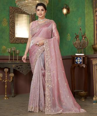 Pink sequin embroidered organza saree 1