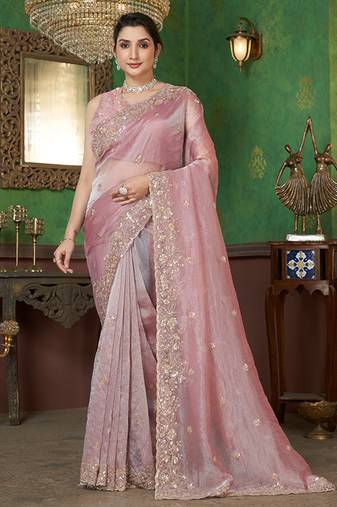Pink sequin embroidered organza saree