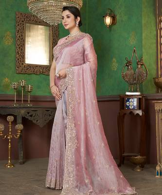 Pink sequin embroidered organza saree 2