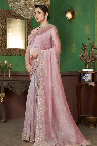 Pink sequin embroidered organza saree