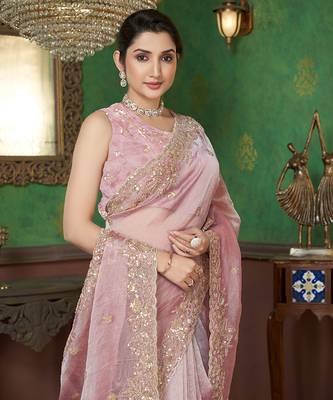 Pink sequin embroidered organza saree 3