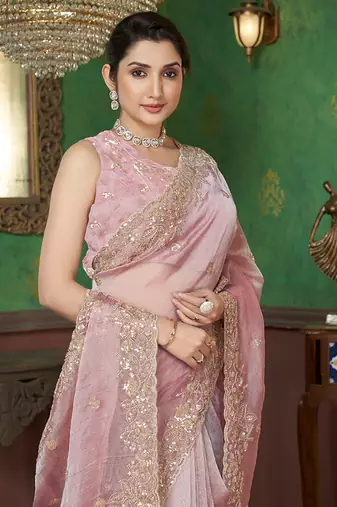 Pink sequin embroidered organza saree