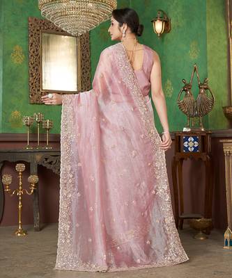 Pink sequin embroidered organza saree 4