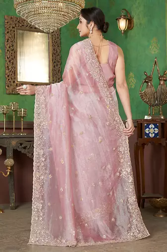 Pink sequin embroidered organza saree