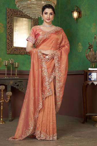 Orange georgette sequin embroidered saree