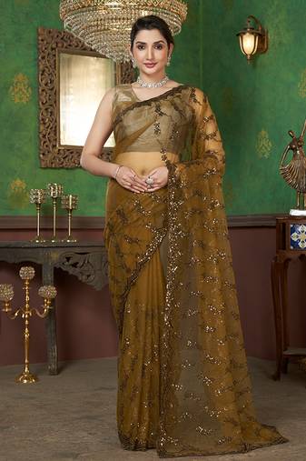Mustard net sequin embroidered saree