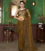 Mustard net sequin embroidered saree