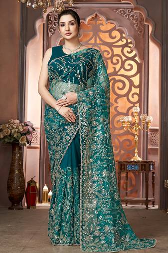 Turquoise net sequin embroidered saree