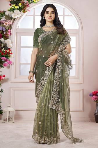 Green organza sequin embroidered saree