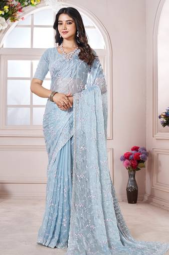 Blue chiffon zari work embroidered saree