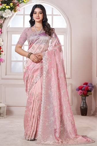 Pink chiffon sequin embroidered saree