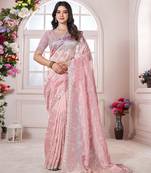 Pink chiffon sequin embroidered saree