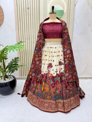 Multicolour silk kalamkari printed Lehenga set with choli and dupatta 1