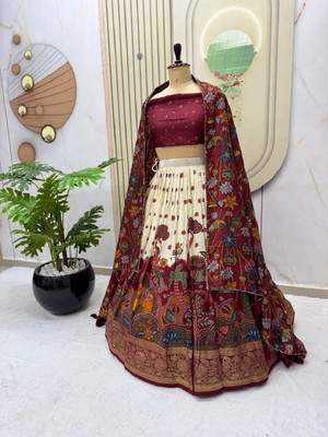 Multicolour silk kalamkari printed Lehenga set with choli and dupatta 2