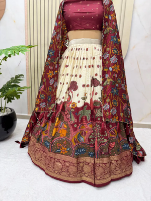 Multicolour silk kalamkari printed Lehenga set with choli and dupatta 3