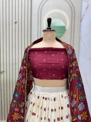 Multicolour silk kalamkari printed Lehenga set with choli and dupatta 4