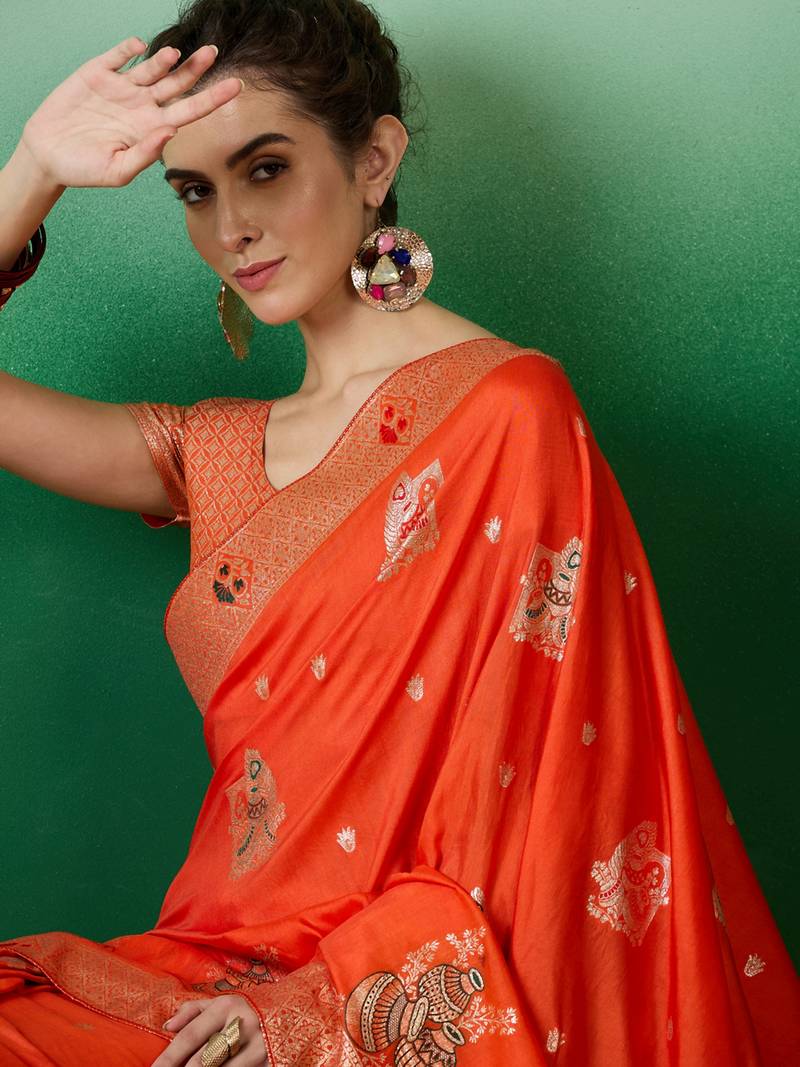 orange Banarasi Dola Cotton Saree with Blouse