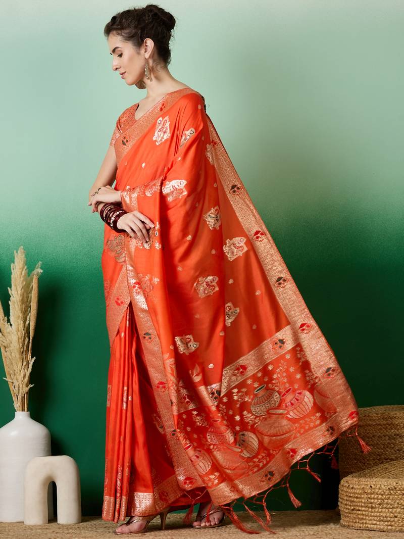orange Banarasi Dola Cotton Saree with Blouse