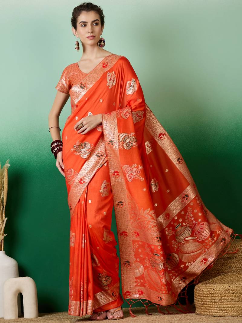 orange Banarasi Dola Cotton Saree with Blouse