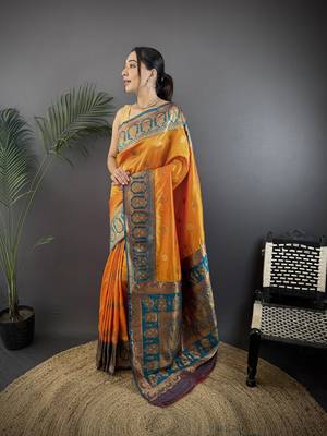orange silk blend butti zari weaving constrast pallu banarasi saree 1