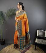 orange silk blend butti zari weaving constrast pallu banarasi saree