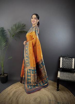 orange silk blend butti zari weaving constrast pallu banarasi saree 2