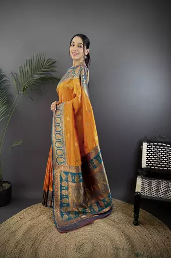 orange silk blend butti zari weaving constrast pallu banarasi saree