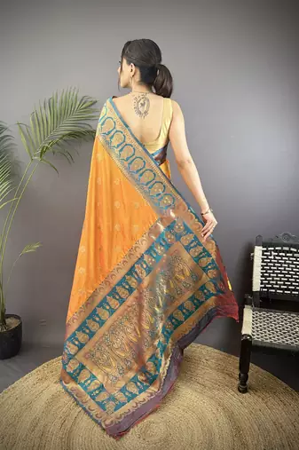 orange silk blend butti zari weaving constrast pallu banarasi saree