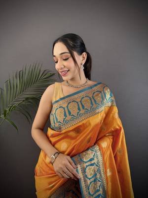 orange silk blend butti zari weaving constrast pallu banarasi saree 4