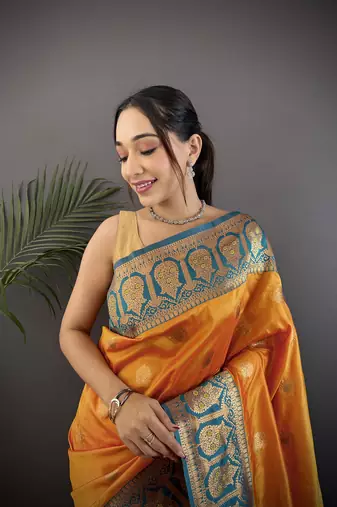 orange silk blend butti zari weaving constrast pallu banarasi saree