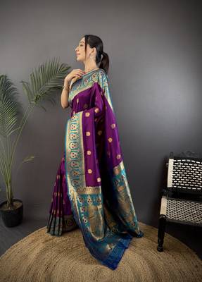 violet silk blend butti zari weaving constrast pallu banarasi saree 2