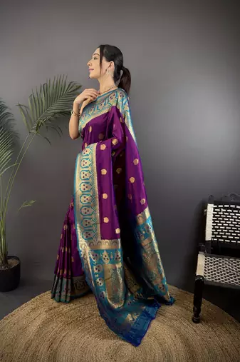 violet silk blend butti zari weaving constrast pallu banarasi saree