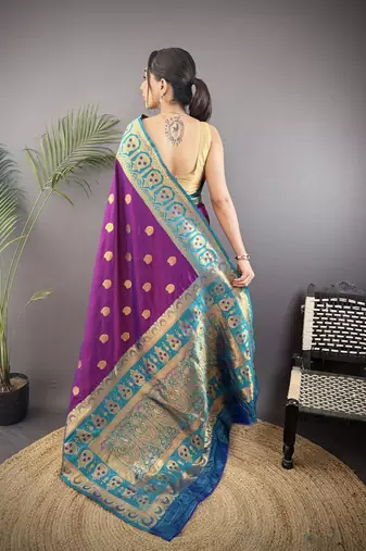violet silk blend butti zari weaving constrast pallu banarasi saree