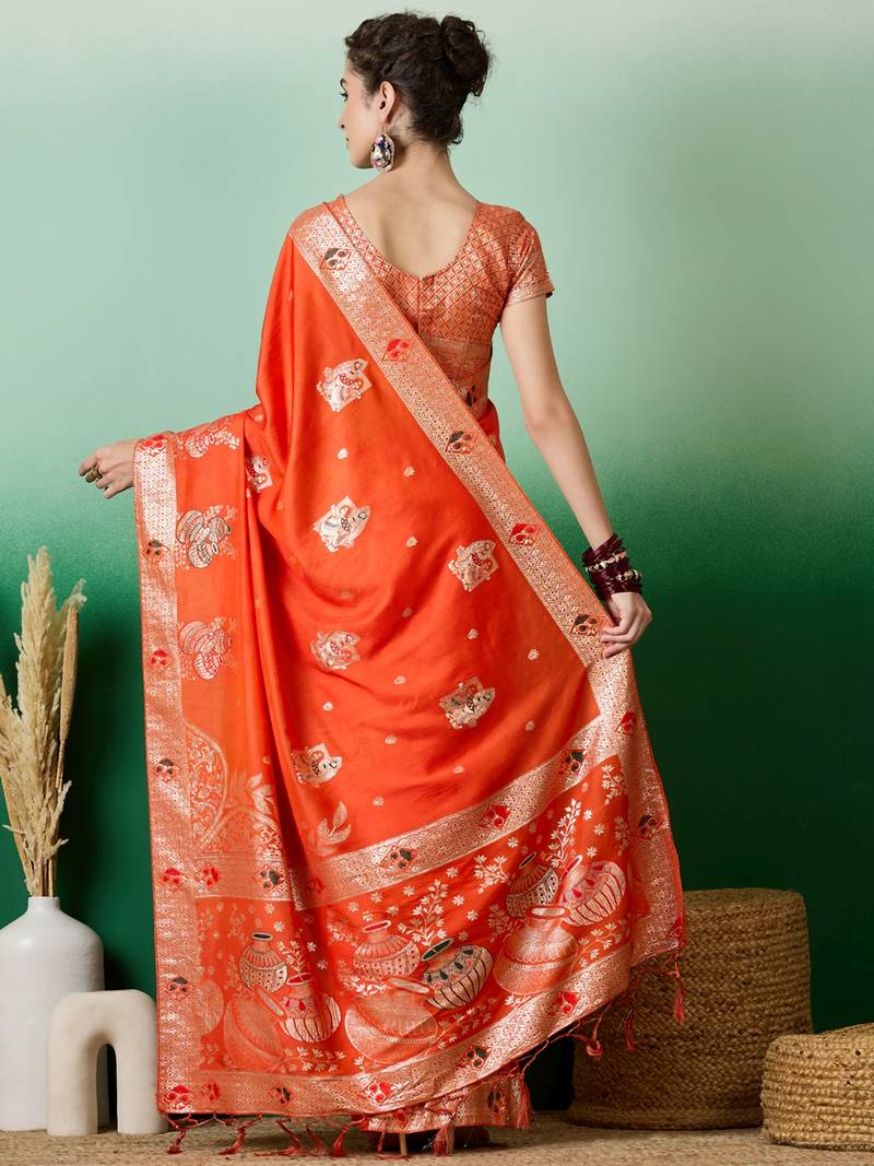orange Banarasi Dola Cotton Saree with Blouse