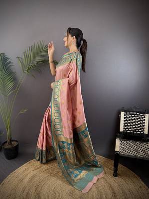 baby pink silk blend butti zari weaving constrast pallu banarasi saree 2
