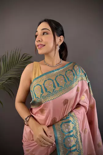 baby pink silk blend butti zari weaving constrast pallu banarasi saree
