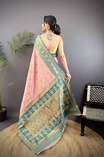baby pink silk blend butti zari weaving constrast pallu banarasi saree