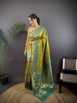 mustard silk blend butti zari weaving constrast pallu banarasi saree 1