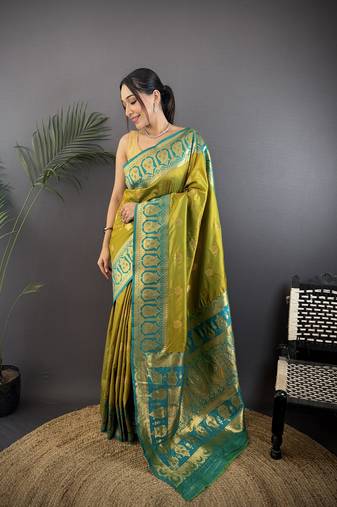 mustard silk blend butti zari weaving constrast pallu banarasi saree
