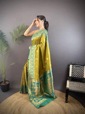 mustard silk blend butti zari weaving constrast pallu banarasi saree 2