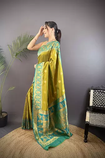 mustard silk blend butti zari weaving constrast pallu banarasi saree