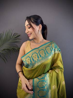 mustard silk blend butti zari weaving constrast pallu banarasi saree 3