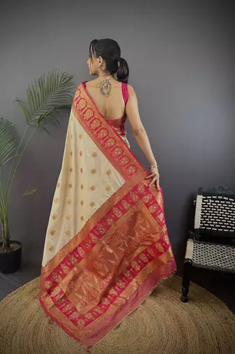 white silk blend butti zari weaving constrast pallu banarasi saree