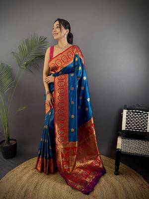 regal blue silk blend butti zari weaving constrast pallu banarasi saree 1