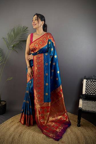 regal blue silk blend butti zari weaving constrast pallu banarasi saree