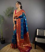 regal blue silk blend butti zari weaving constrast pallu banarasi saree