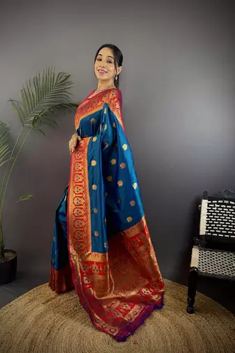 regal blue silk blend butti zari weaving constrast pallu banarasi saree