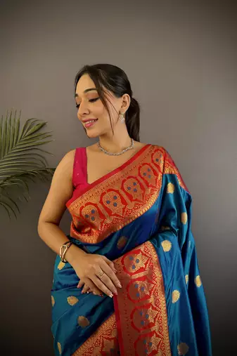 regal blue silk blend butti zari weaving constrast pallu banarasi saree