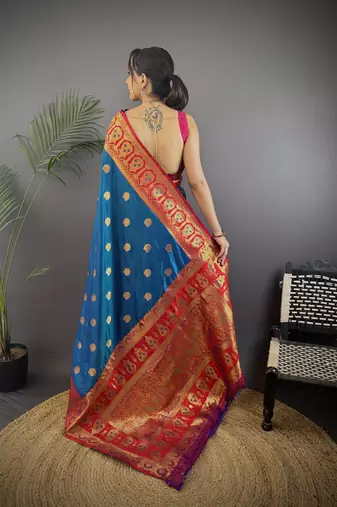 regal blue silk blend butti zari weaving constrast pallu banarasi saree